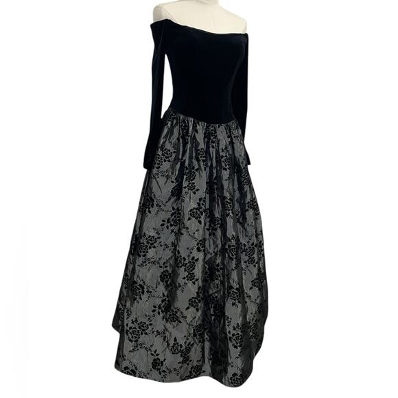 Vtg Scott McClintock Black Velvet Off Shoulder Floral Dress Gothic Dark Romance - Picture 3 of 14